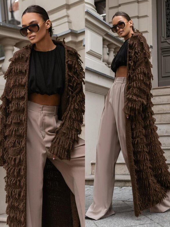 Kardigan Parisi z frędzlami czekoladowy