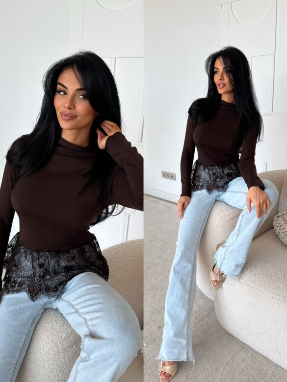 Bluzka Monevi z koronką czekoladowa 