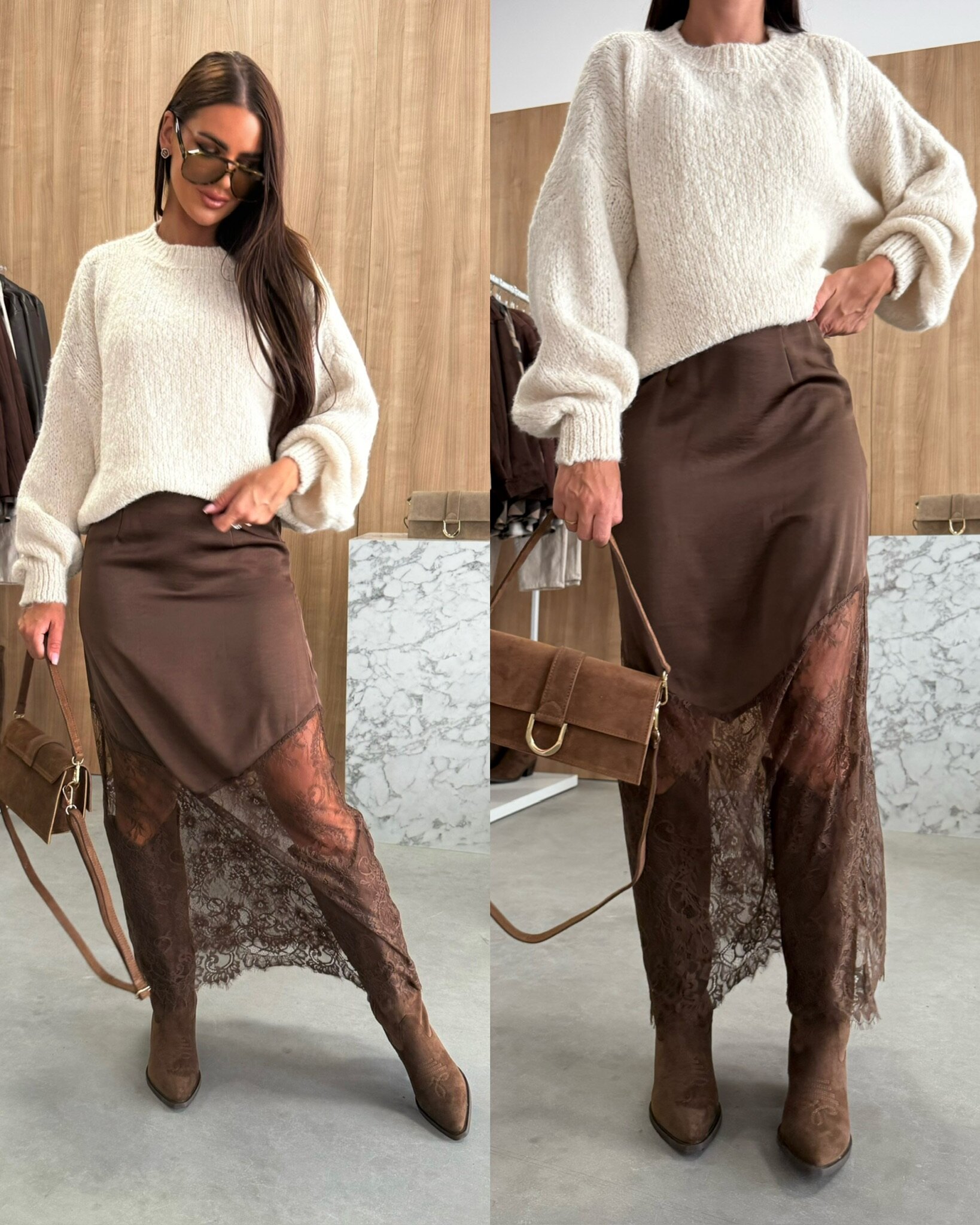 Spódnica Tresse z koronką czekoladowa