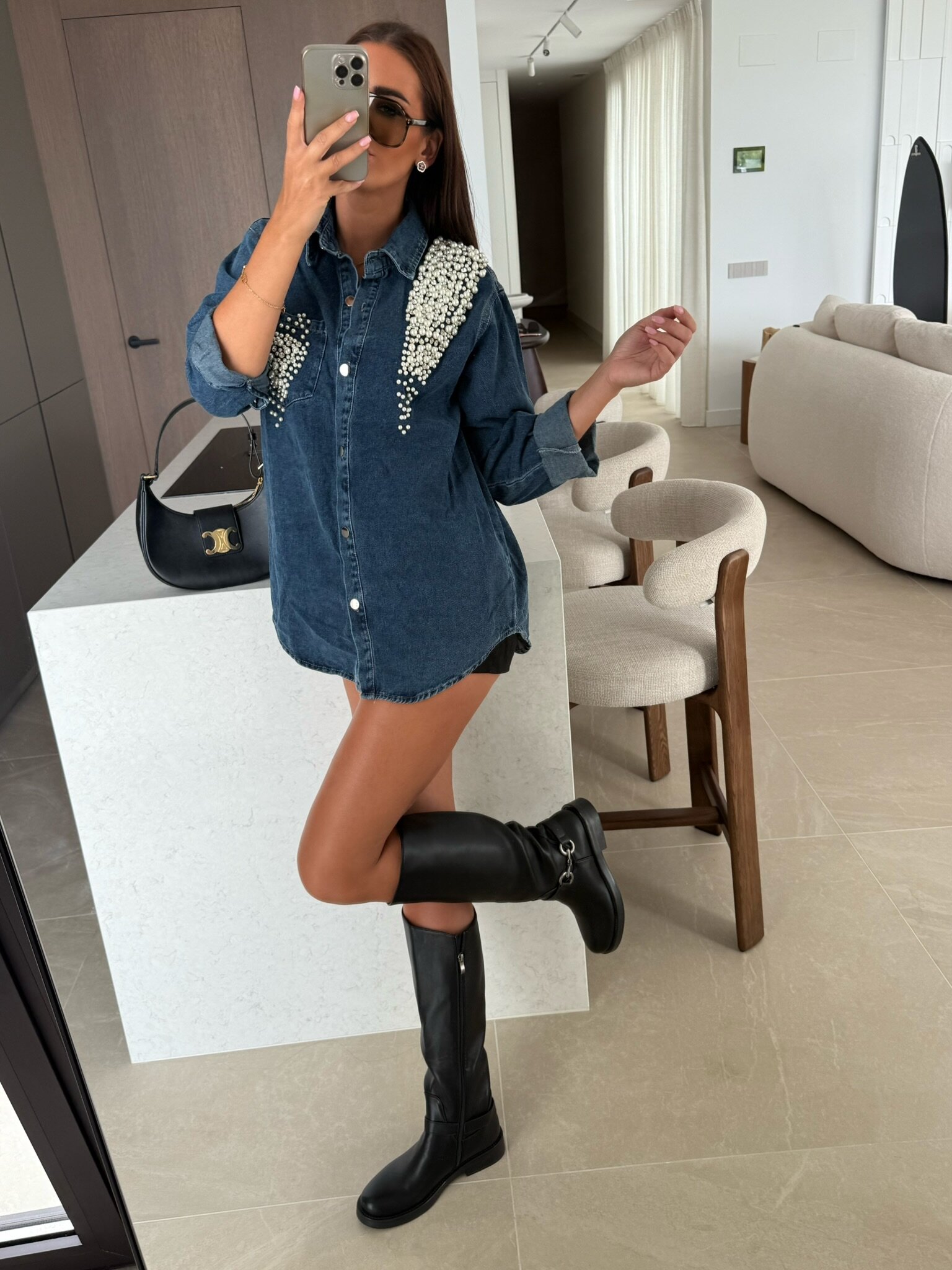 Koszula Cesilla z perłami niebieska