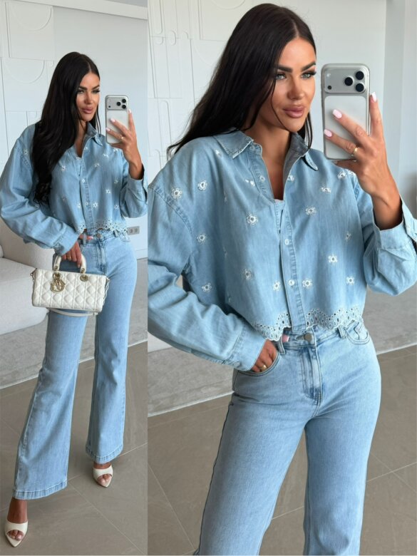 Koszula Modella jeans w kwiaty jasnoniebieska