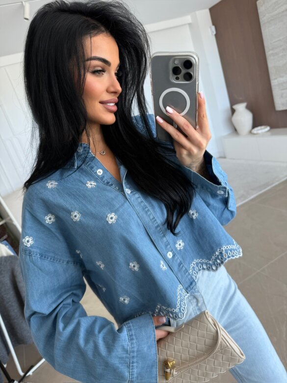 Koszula Modella jeans w kwiaty ciemnoniebieska 