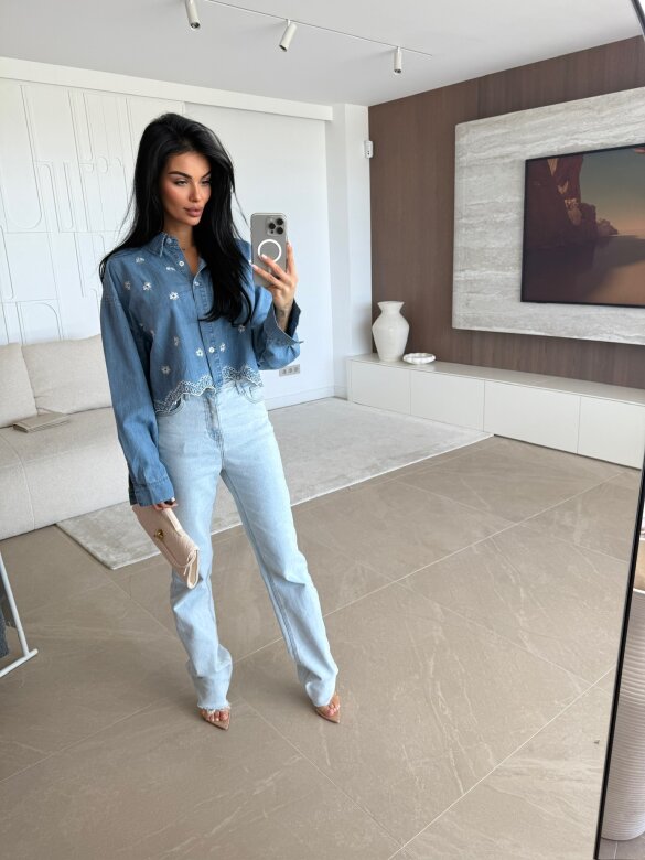 Koszula Modella jeans w kwiaty ciemnoniebieska 