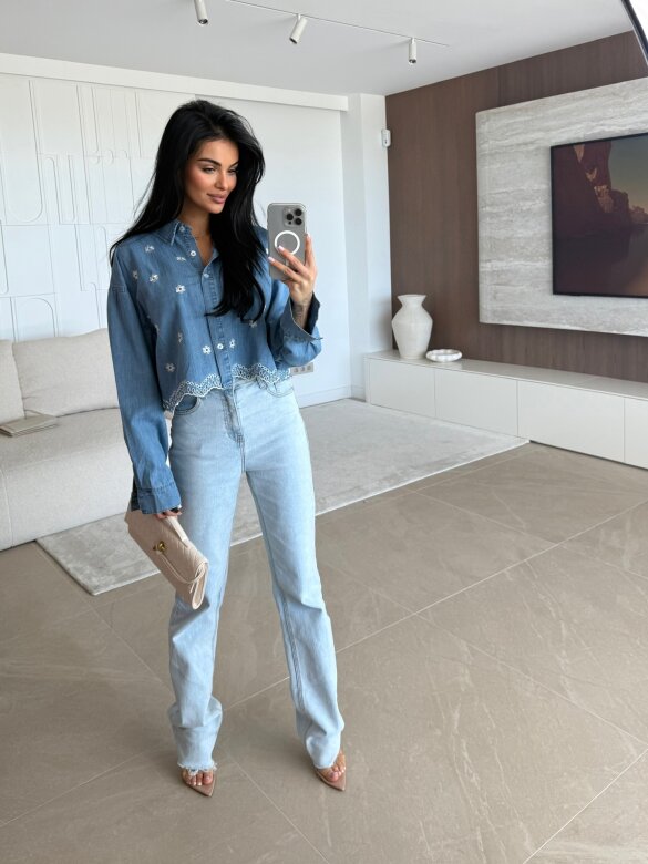 Koszula Modella jeans w kwiaty ciemnoniebieska 