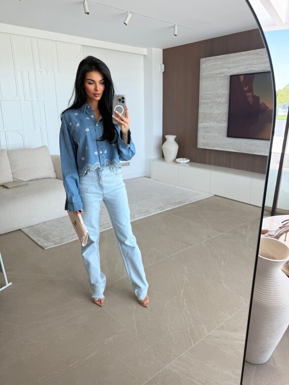 Koszula Modella jeans w kwiaty ciemnoniebieska 