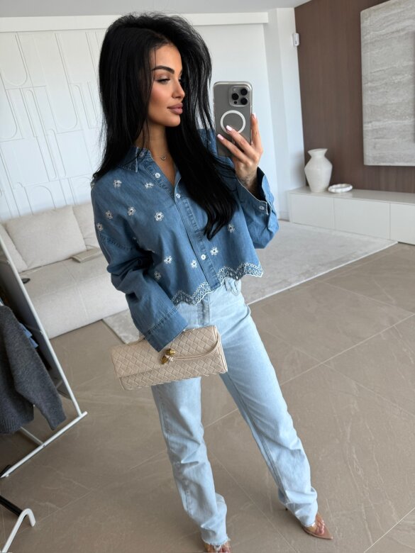 Koszula Modella jeans w kwiaty ciemnoniebieska 