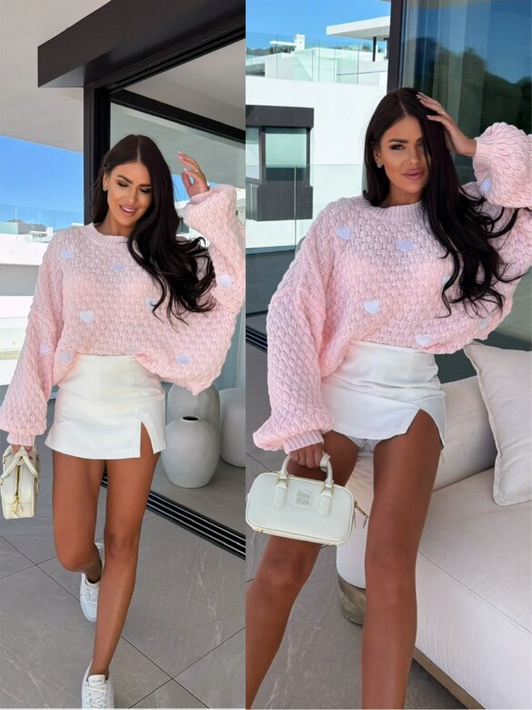 Sweter Spring Mood w serca pudrowy