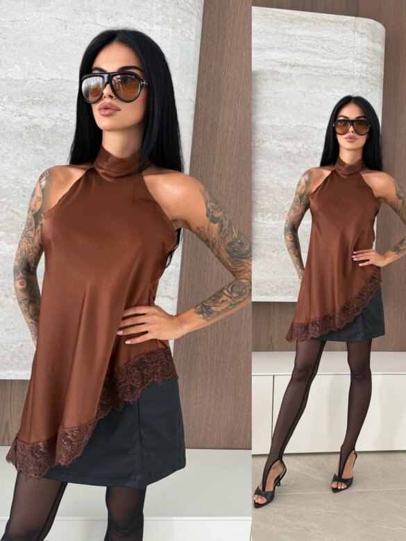 Bluzka Novera satynowa z koronką brązowa 