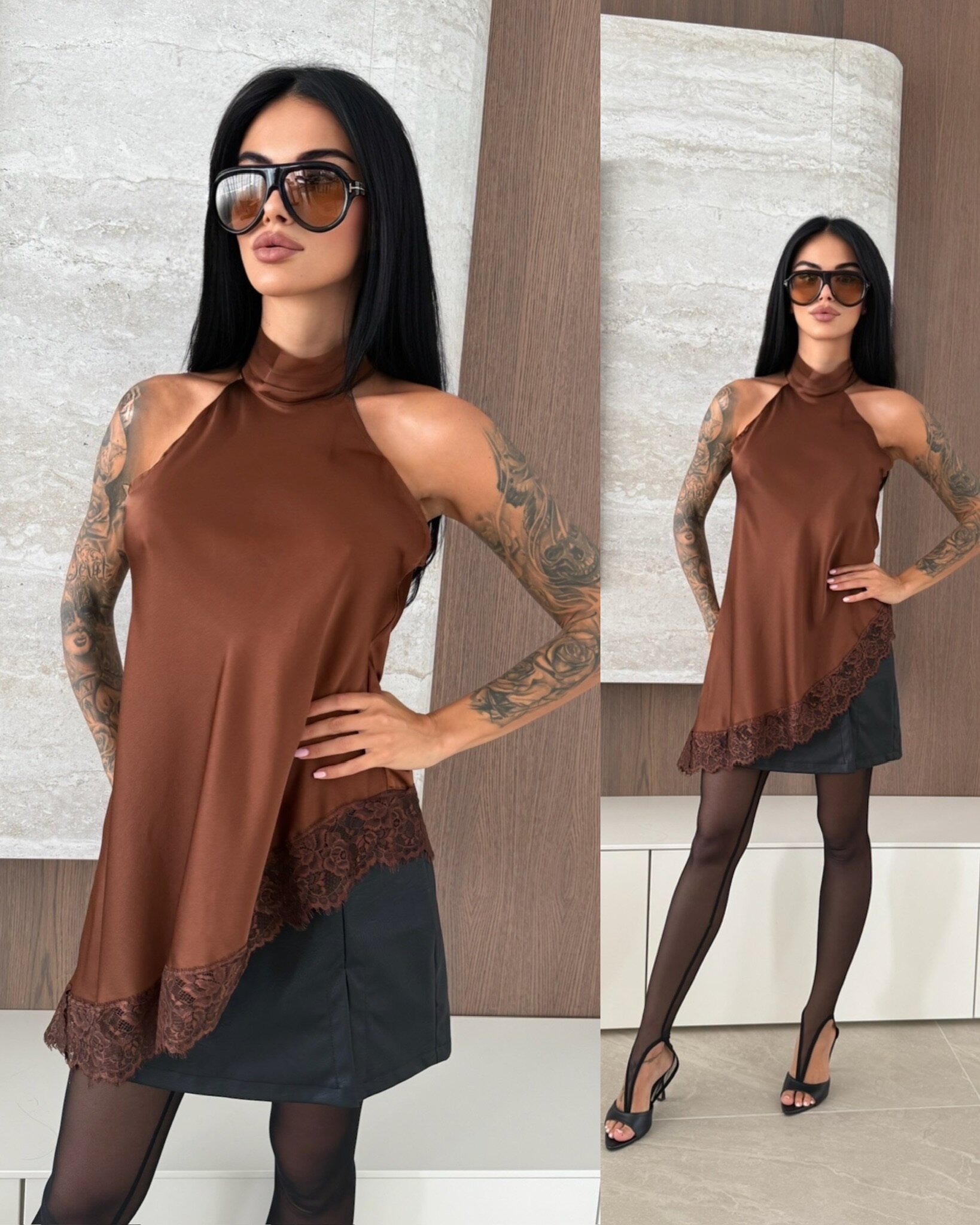 Bluzka Novera satynowa z koronką brązowa 