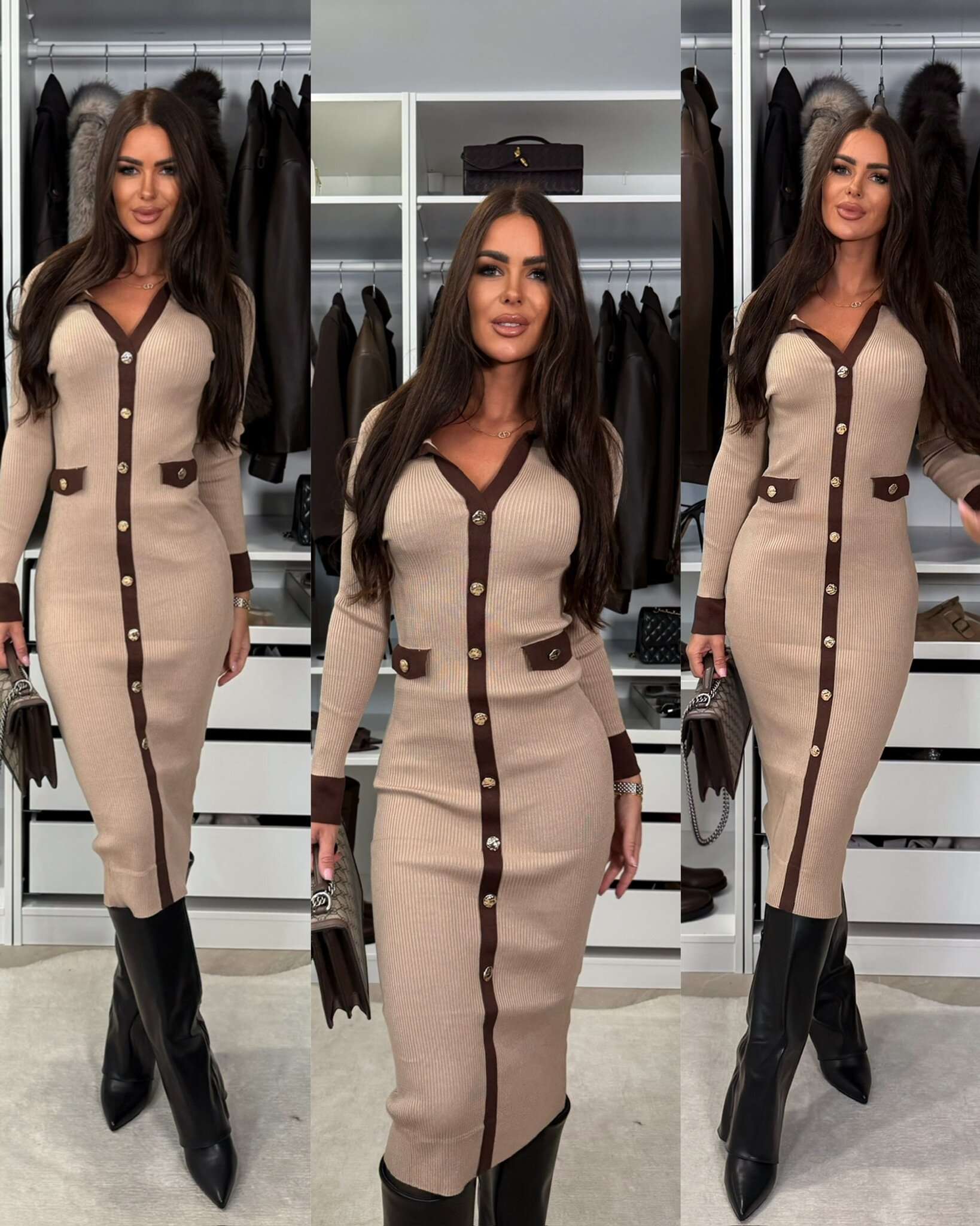 Sukienka Veera dzianinowa beżowo-czekoladowa