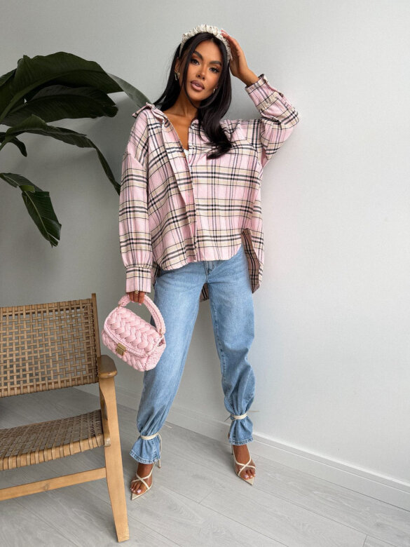 Koszula Goshi w kratę pudrowo-beżowa