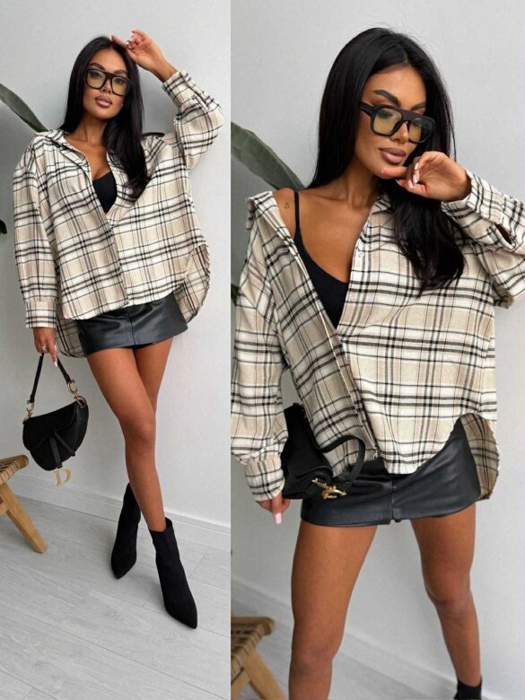 Koszula Goshi w kratę beżowo-czarna