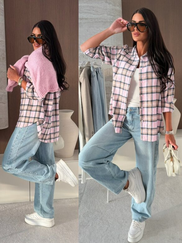 Koszula Aure w kratę pudrowo-beżowa