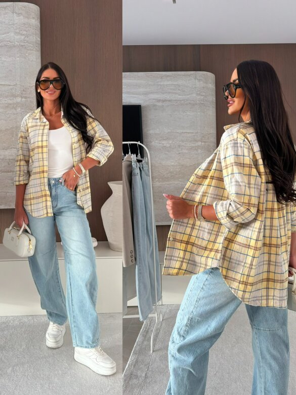 Koszula Aure w kratę beżowo-jasnożółta