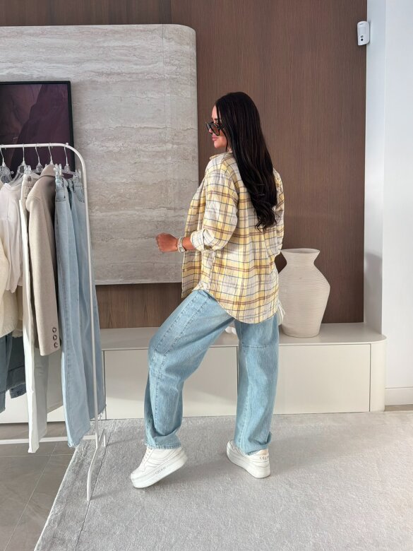 Koszula Aure w kratę beżowo-jasnożółta