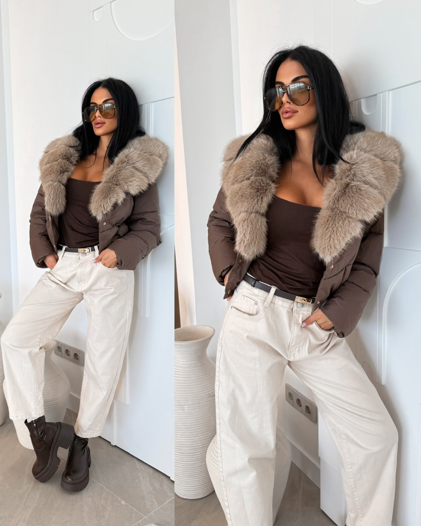 Kurtka Aliera pikowana czekoladowo-beżowa