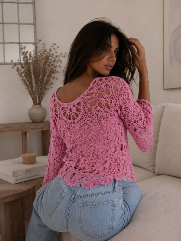 Openwork blouse Herosia 100% cotton pink