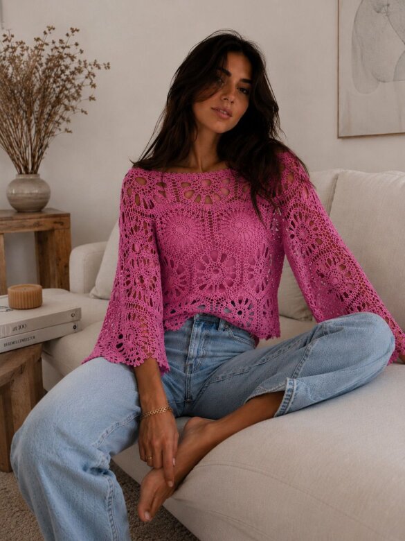 Openwork blouse Herosia 100% cotton pink