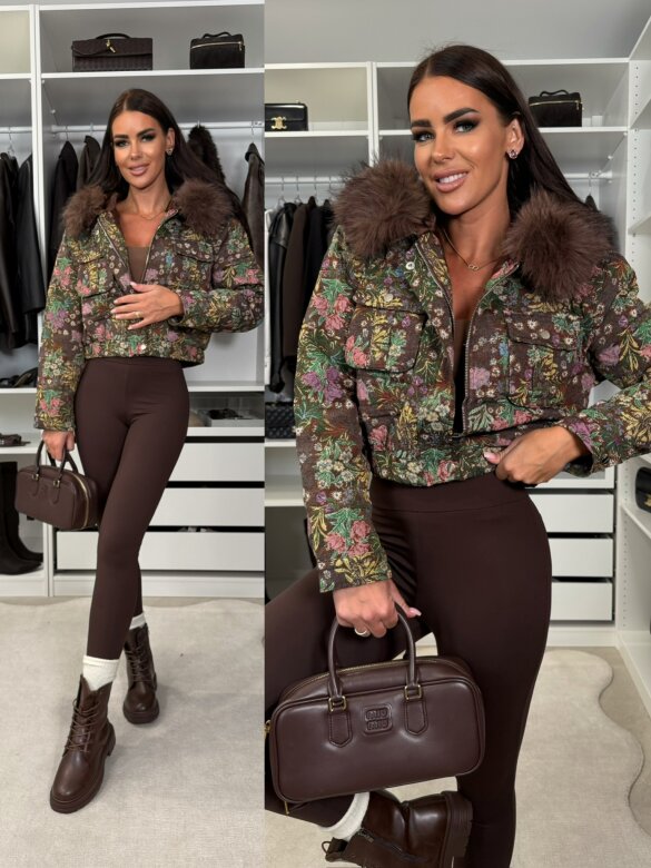 Kurtka Belenza w kwiaty czekoladowa