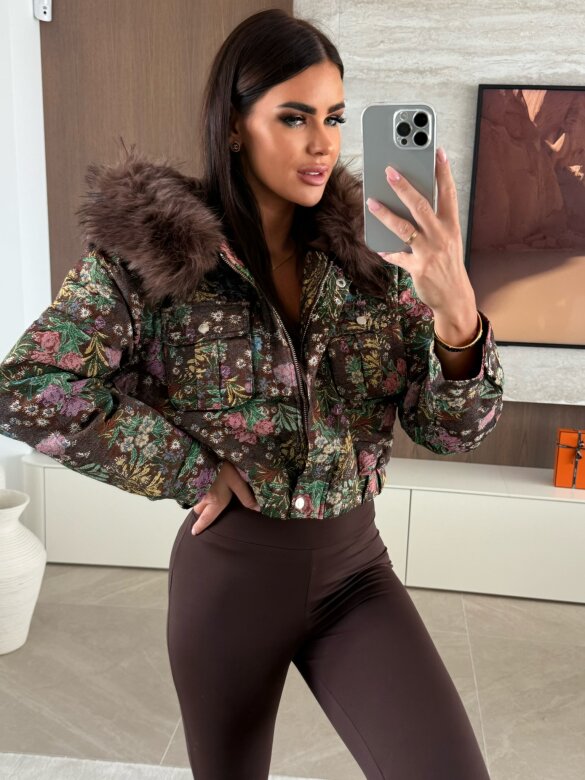 Kurtka Belenza w kwiaty czekoladowa