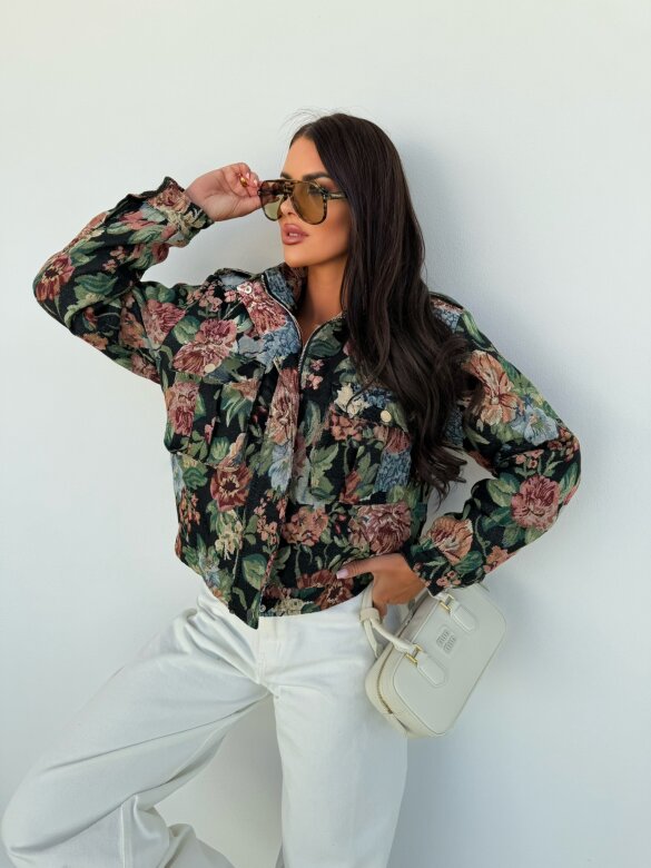 Kurtka Jardin short w kwiaty czarna