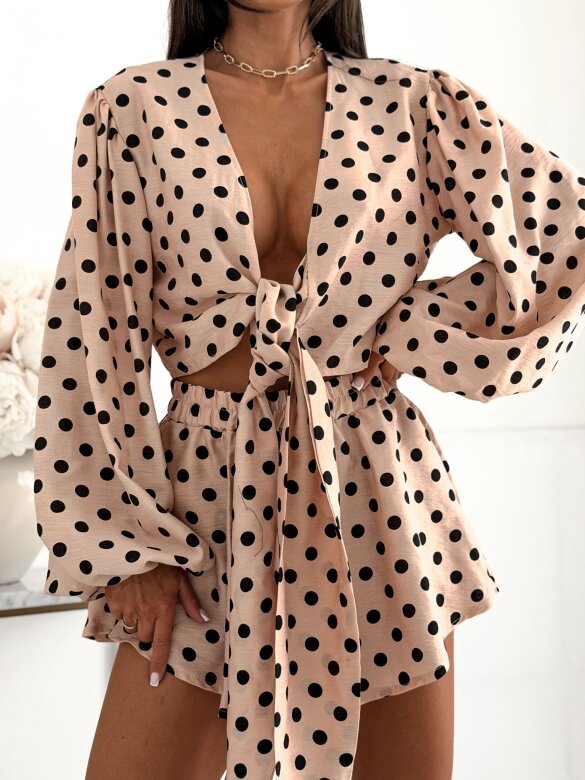 Komplet 2w1 Capri Chic w kropki lniany nude 