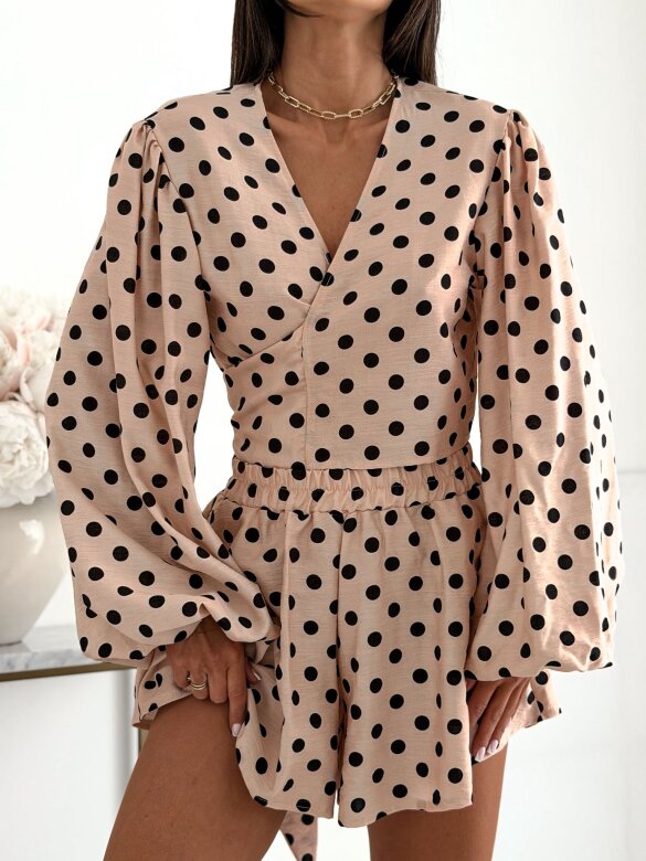 Komplet 2w1 Capri Chic w kropki lniany nude 