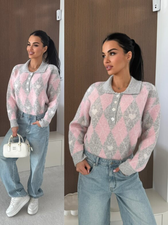 Sweter Pasion w serca szaro-pudrowy 