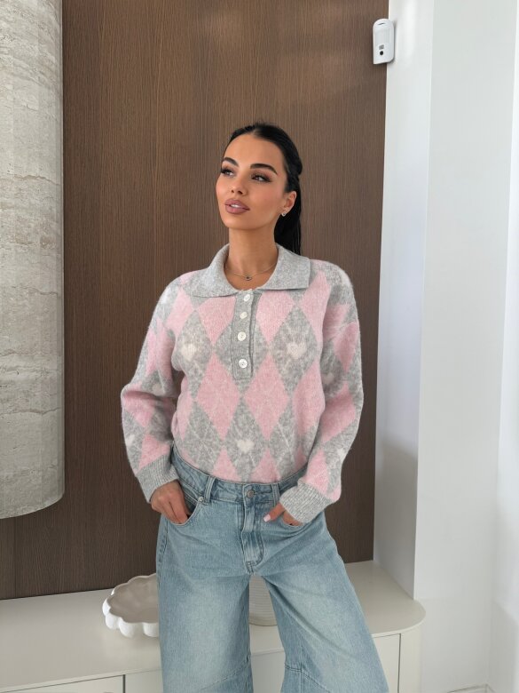 Sweter Pasion w serca szaro-pudrowy 