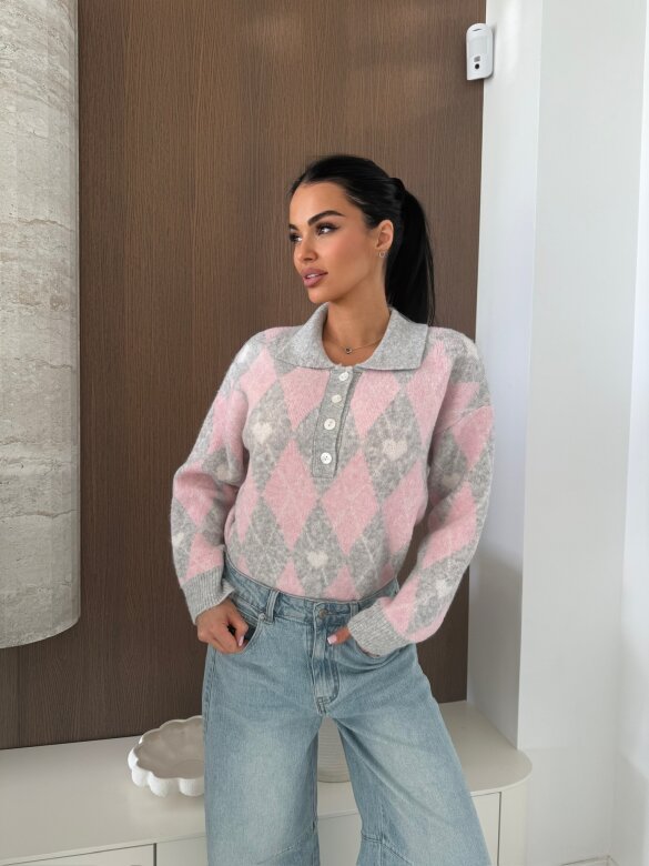 Sweter Pasion w serca szaro-pudrowy 