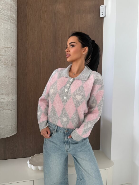 Sweter Pasion w serca szaro-pudrowy 