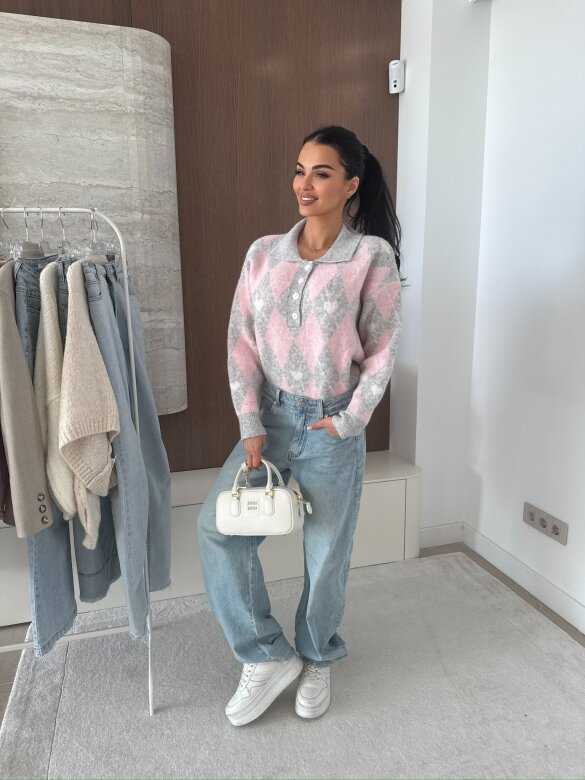 Sweter Pasion w serca szaro-pudrowy 