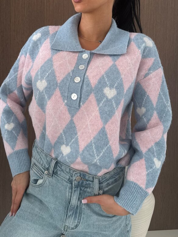 Sweter Pasion w serca błękitno-pudrowy 