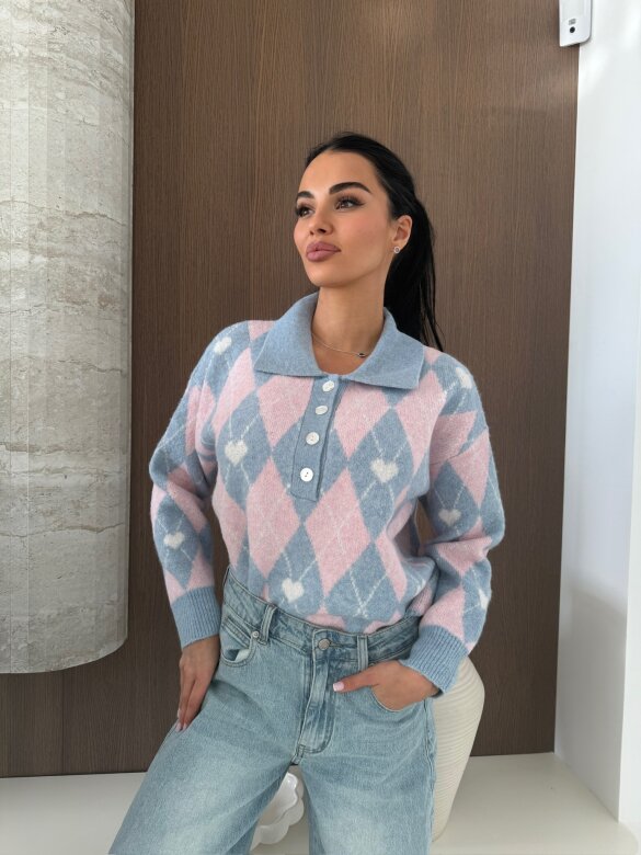 Sweter Pasion w serca błękitno-pudrowy 