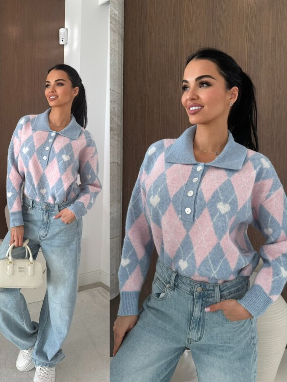 Sweter Pasion w serca błękitno-pudrowy 