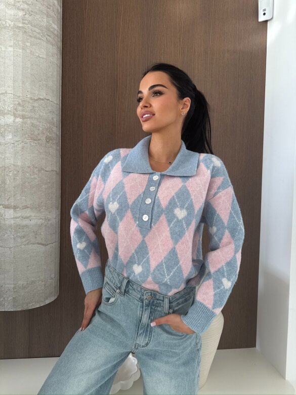 Sweter Pasion w serca błękitno-pudrowy 