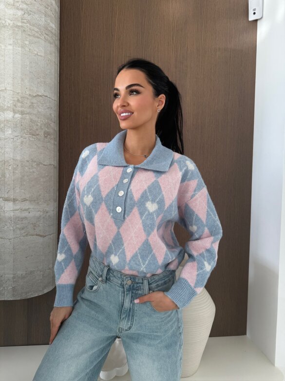 Sweter Pasion w serca błękitno-pudrowy 