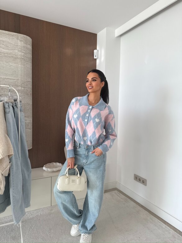 Sweter Pasion w serca błękitno-pudrowy 