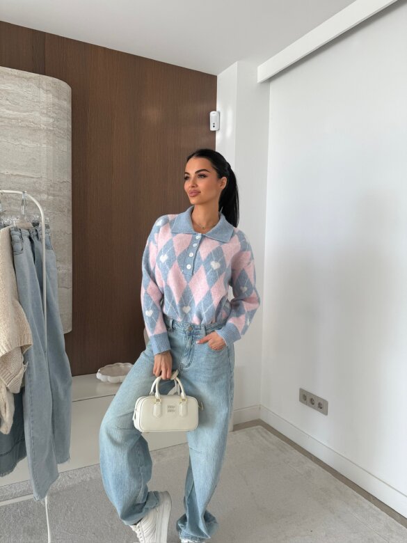 Sweter Pasion w serca błękitno-pudrowy 