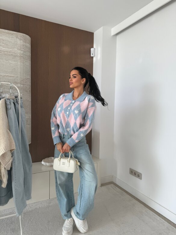 Sweter Pasion w serca błękitno-pudrowy 