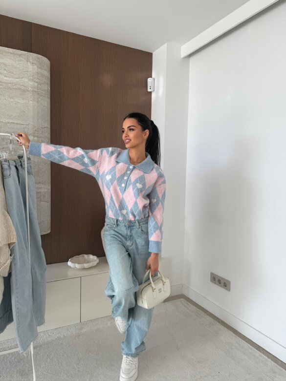 Sweter Pasion w serca błękitno-pudrowy 