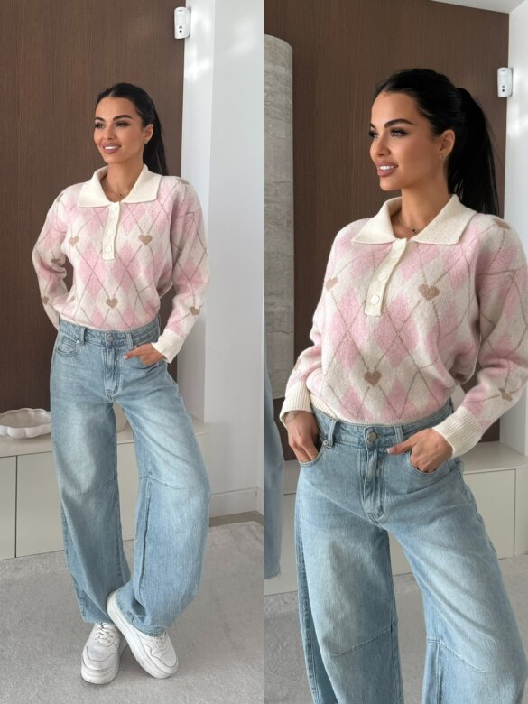 Sweter Pasion w serca ecru-pudrowy 