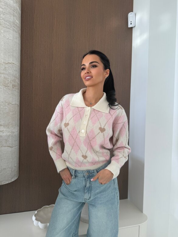 Sweter Pasion w serca ecru-pudrowy 