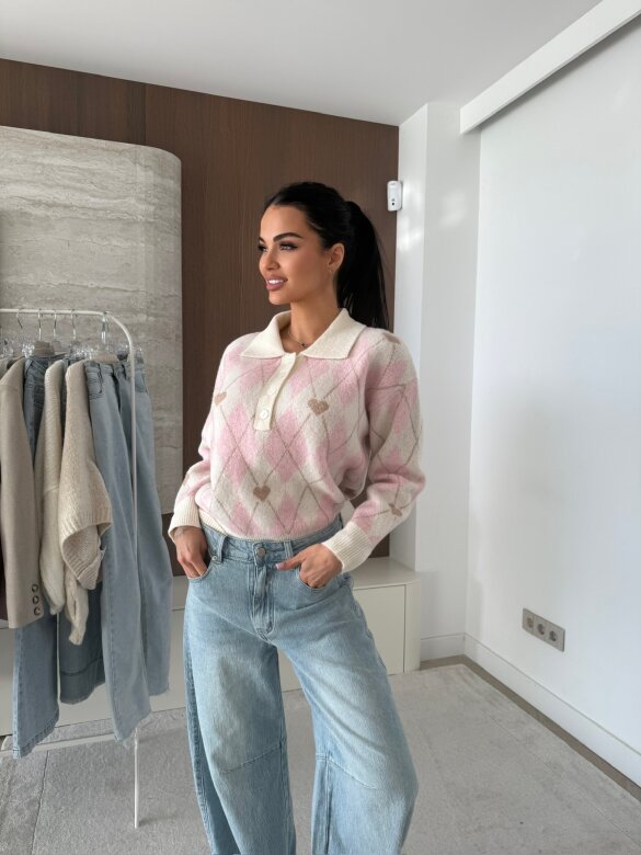 Sweter Pasion w serca ecru-pudrowy 