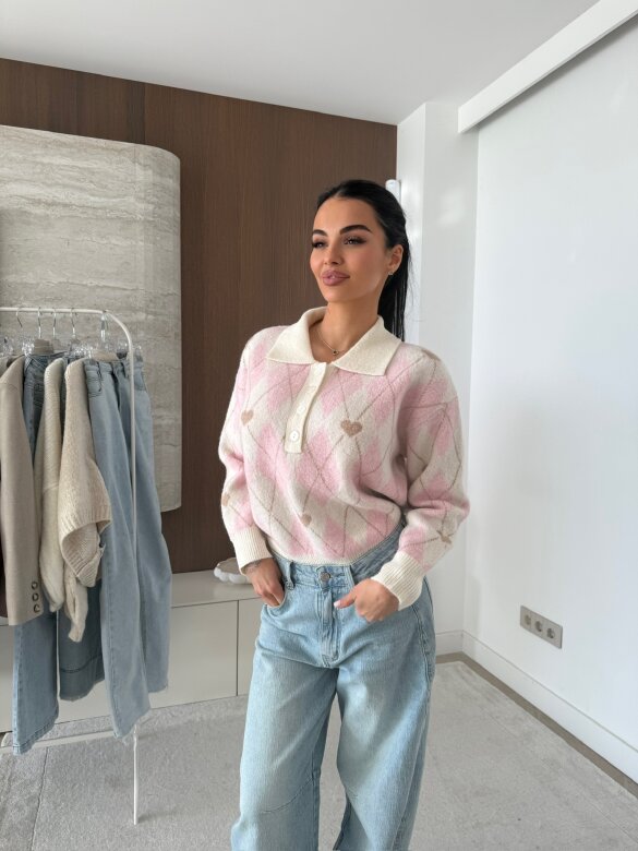 Sweter Pasion w serca ecru-pudrowy 