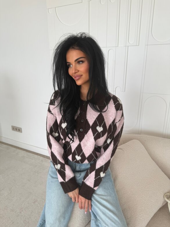 Sweter Pasion w serca czekoladowo-pudrowy