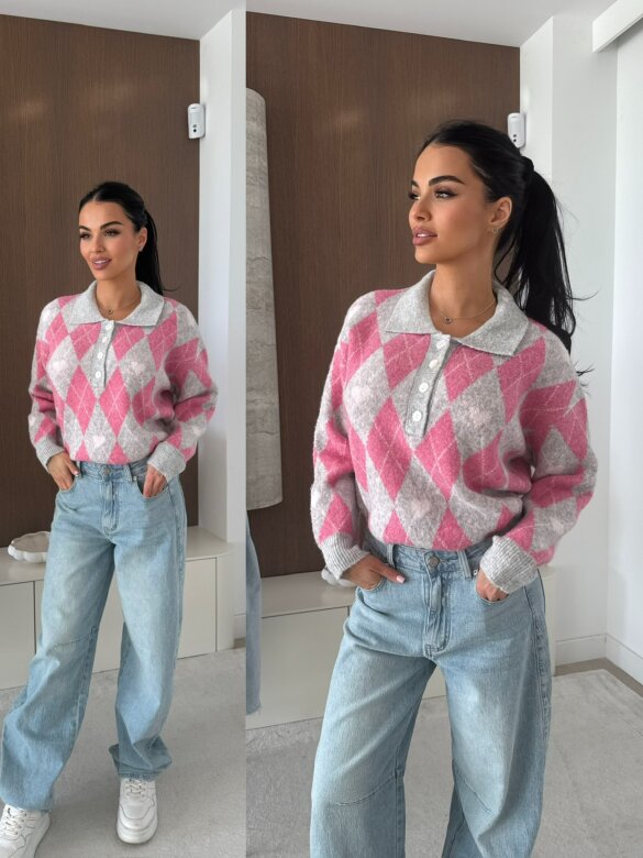 Sweter Pasion w serca szaro-różowy