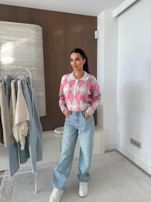 Sweter Pasion w serca szaro-różowy