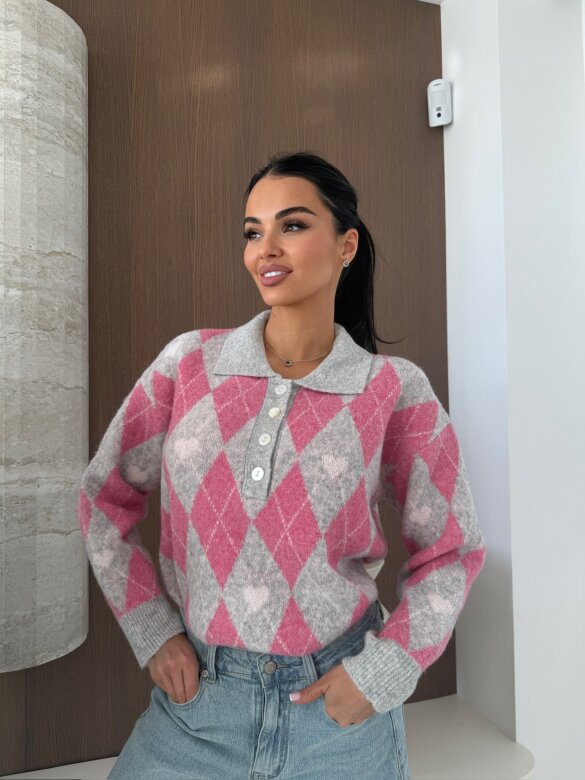 Sweter Pasion w serca szaro-różowy