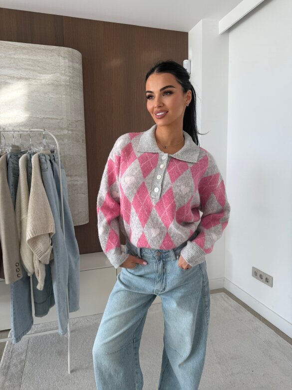 Sweter Pasion w serca szaro-różowy